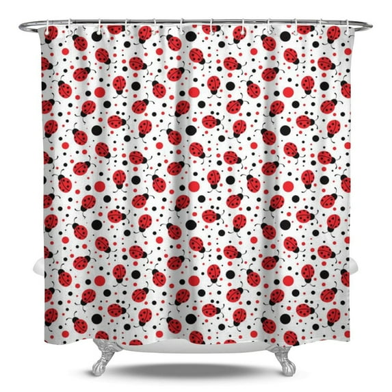 Ladybug Bathroom Curtain, Cartoon Nature Insect & Polka Dot Design Waterproof Quick-Dry Shower Drapes 84x72 Inch with Metal Grommets