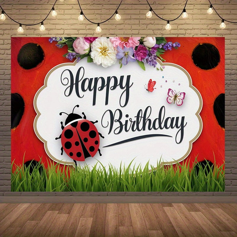 Ladybug Birthday Party Backdrop Cartoon Ladybird Colorful Flowers ...