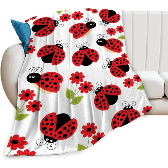 Ladybug Blanket Lady Bug Cartoon Throw Blanket Flower Green Leaves Fuzzy Plush Blanket Ultra Soft for Animal Lover Gift Kids Teens Women Men Girls Boys Stuffed Decor for Bedding Sofas Couch 50"X40"