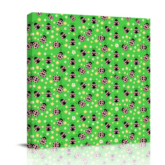 Ladybug Canvas Wall Art for Living Room, Yellow Daisy Floral Insects Pastoral Style Green Background Poster Print Painting for Bedroom Office Home Decoration Wall Pictures Prepare To Hang 12"x12"