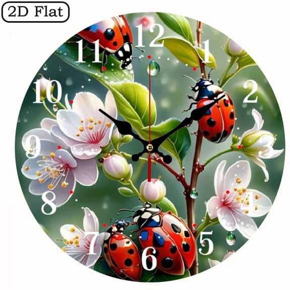 Ladybug Cherry Blossoms Fresh Microscopic Spring MDF Wood 10in Round Wall Clock, Silent Non-Ticking Battery Operated, Bright Fresh Home Decor