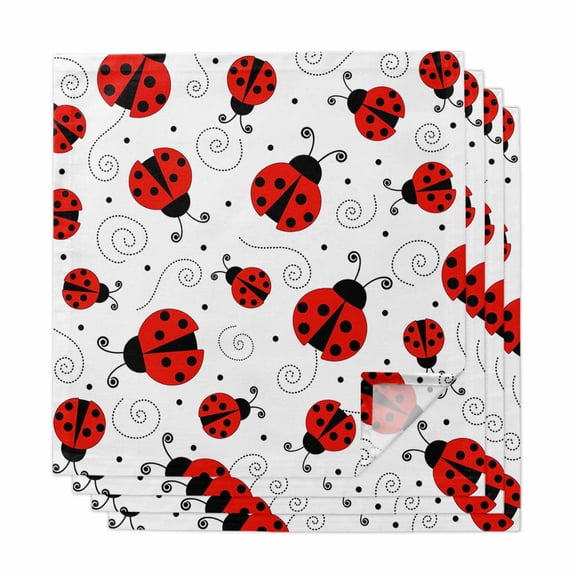 Ladybug Cloth Napkins, Cartoon Red Black Dots Animals Modern Simple Washable and Reusable Dinner Napkins Set of 4, Table Napkin for Kitchen Party Birthday Wedding Hotel Housewarming 20"x20"
