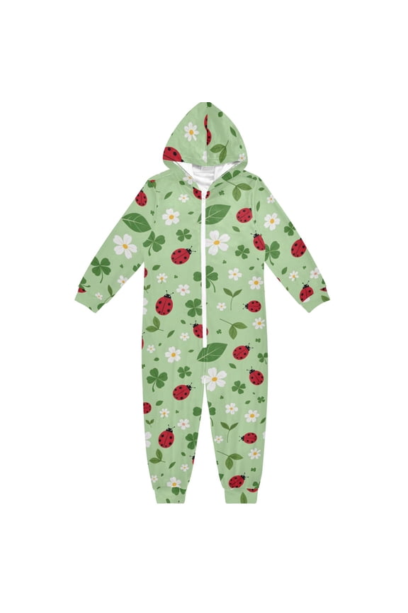 Ladybug Clover Flower One Piece Pajamas Soft Jumpsuit Cozy Sleep and Play Romper Zipper and Pockets 4T