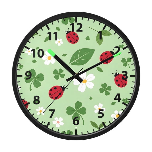 Ladybug Clover Flower Wall Clock 12 Inch Voice Activated Night Light Silent Non Ticking