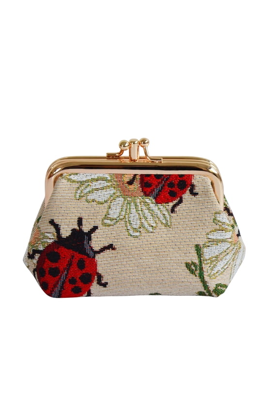 Tapestry Double Pocket Change Pouch Kiss lock Coin Purse for Women With Red Ladybug Daisy Design (FRMP-LDBD)