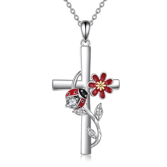 Ladybug Cross Necklace Gifts for Women Sterling Silver Ladybug Daisy Flower Necklace Jewelry