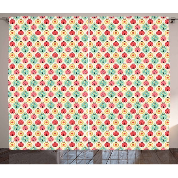 Ambesonne Ladybug Curtains 2 Panel Set, Cartoon Insect Floral, 108" x 63", Multicolor