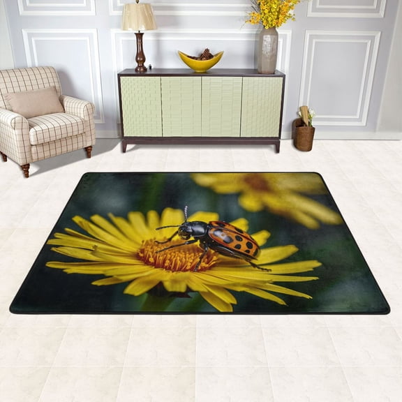 Ladybug Daisies Flowers Area Rug Washable 72 x 48 Floor Carpet Mat Non Slip for Bedroom Living Room Kids Room Home Decor