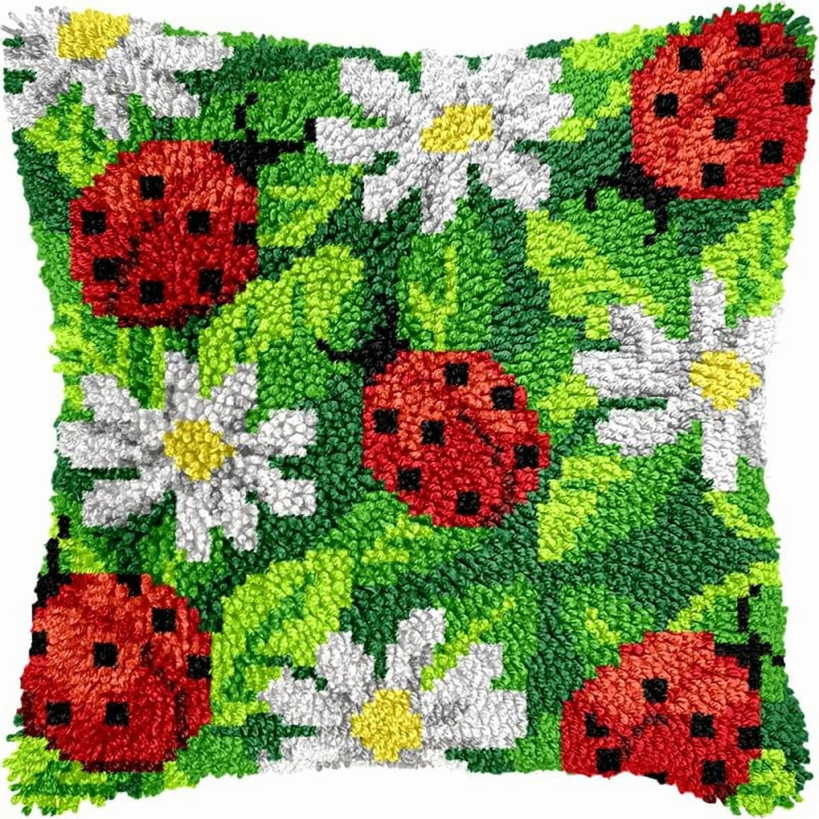 Ladybug & Daisies Latch Hook Pillow Kits Pillow Cover with Pattern Printed Canvas Crochet Cross Hooking Pillowcase Cushion Crafts Embroidery Latch Hooking Crochet Kits 17x17 inch(119)