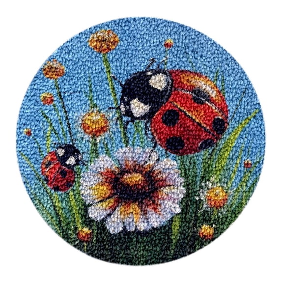 Ladybug & Daisies Round Shape Latch Hook Rug Kits Set for Starter Crochet Hook Cushion Floor Mat Sofa Seat Cushion Kits with Preprinted Canvas Crochet Yarn Carpet 50X50CM (sn83)