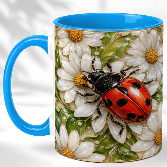 Ladybug Daisy Coffee Mug, Garden Insect Mug, Ceramic 11 oz