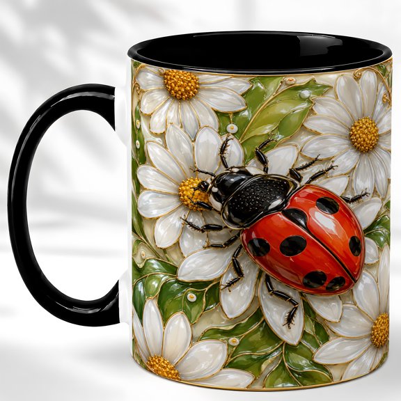 Ladybug Daisy Coffee Mug, Garden Insect Mug, Ceramic 11 oz