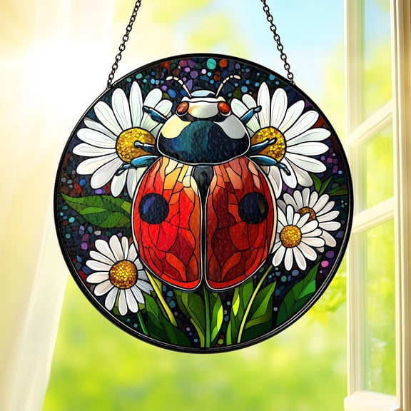Ladybug Daisy Floral Round Stained Glass Suncatcher Window Hanging Spring Home Decor