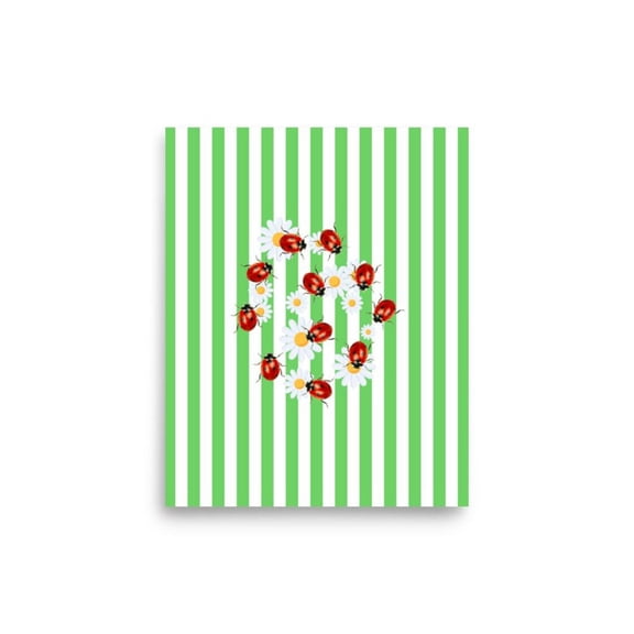 Ladybug Daisy Print, Spring Floral Wall Art, Green Stripes Poster Unframed Paper Print