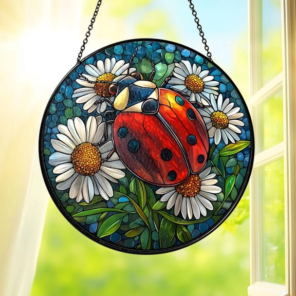 Ladybug Daisy Stained Glass Suncatcher Window Hanging Insects Floral Garden Nature Spring Home Decor