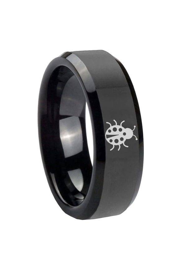 Ladybug Design 8MM Beveled Edge Polish Black Tungsten Men Ring