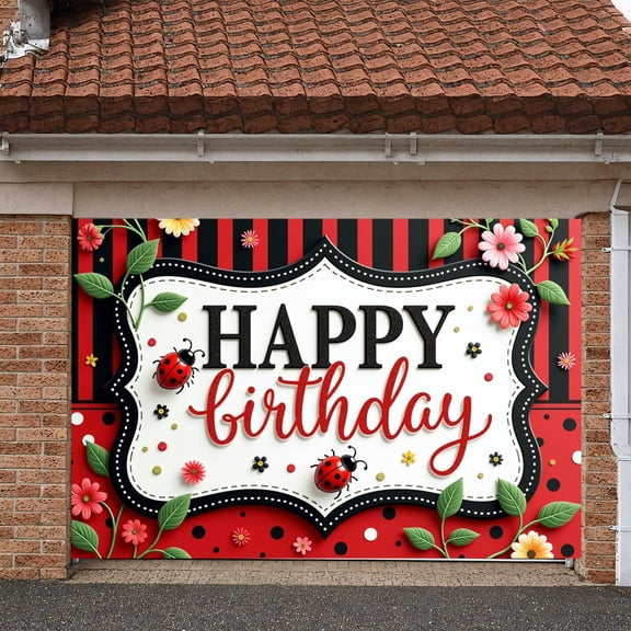 Ladybug Design Banner Floral Pattern Ladybug Birthday Display Red Black Striped Glittery Letters Floral Birthday Backdrop for birthday party kids' birthday photo backdrop