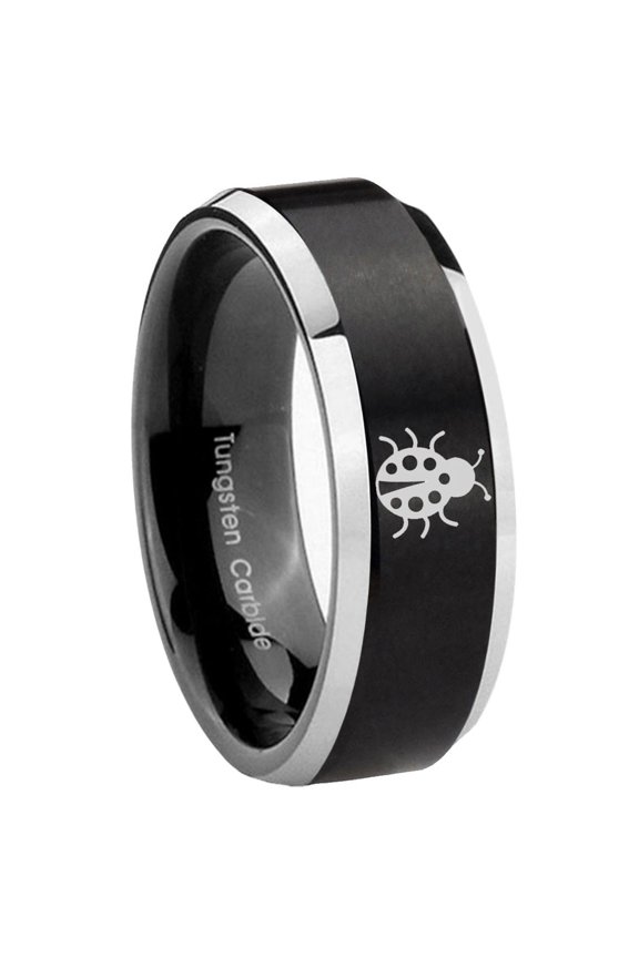 Ladybug Design Beveled Edge Brush Black 2 Tone Tungsten Ring 10MM