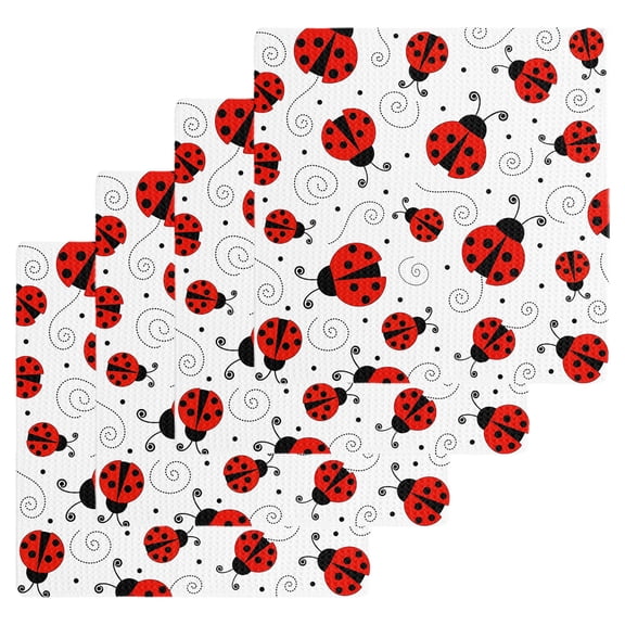 Ladybug Dish Towels Set, Waffle Weave Kitchen Towels 4 Pieces, Cartoon Red Black Dots Animals Modern Simple Microfiber Hair Face Bath Tea Towel Absorbent Quick Drying Cleaning Dish Cloths, 12"x12"