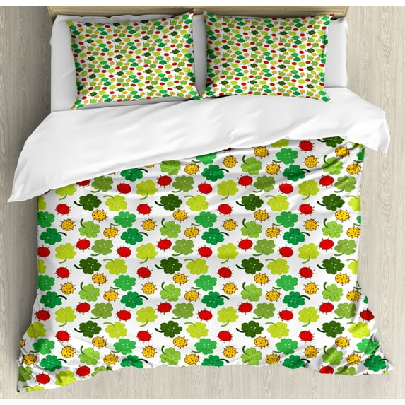 Ladybug Duvet Cover Set King Size, Clover Leaves with Ladybugs Floral Celebration Saint Patrick Day Holiday Pattern, Decorative 3 Piece Bedding Set with 2 Pillow Shams, Multicolor, by Ambesonne