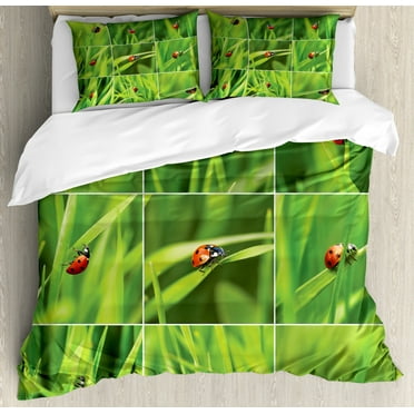 Ladybug Duvet Cover Set Queen Size, Ladybug over Fresh Grass Divided Collage Vibrant Life Lawn Foliage Theme Vegetaiton, Decorative 3 Piece Bedding Set with 2 Pillow Shams, Green Red, by Ambesonne
