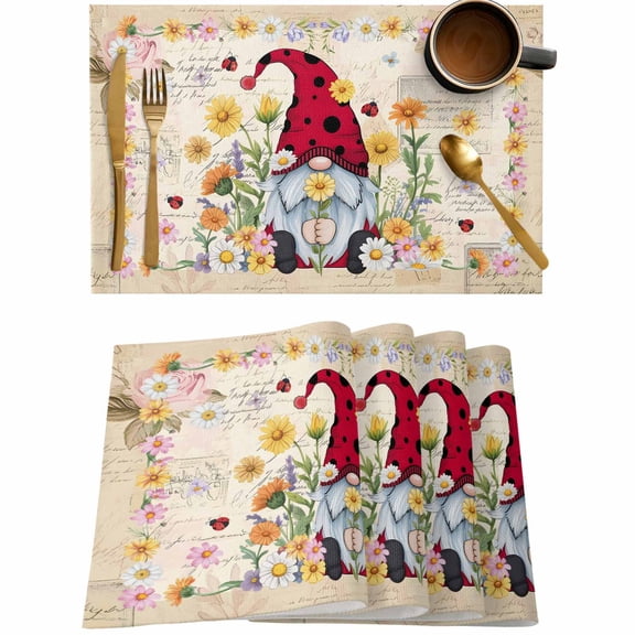 Ladybug Dwarf Daisy Flower Watercolor Placemats Set of 4,Wipeable Washable Table Mats for Dining Tables,Watercolor Floral Retro Letter Place Mats for Kitchen Event Party Tabletop Decor
