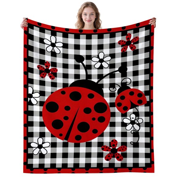 Ladybug Element Printed Blanket, Insect Flannel Blanket, Soft Warm Blanket, Sofa, Office, Nap Blanket for Camping, Travel 50×40 Inch
