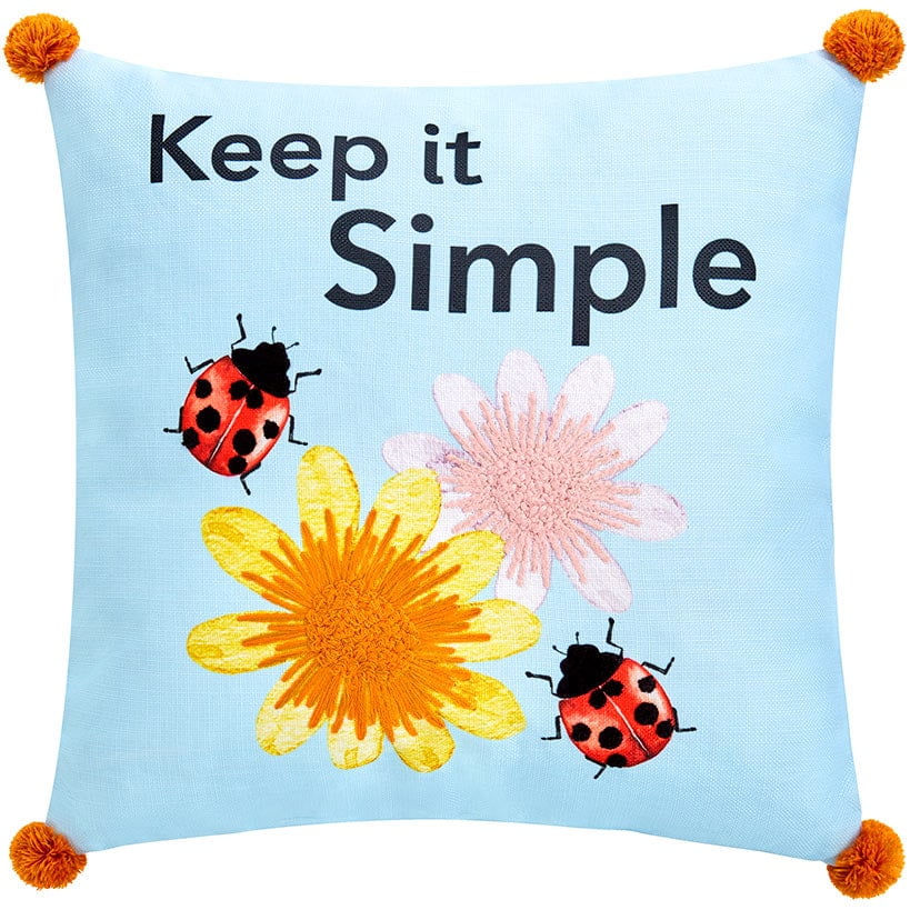 Keep it Simple Blue Embroidered Ladybug Accent Pillow