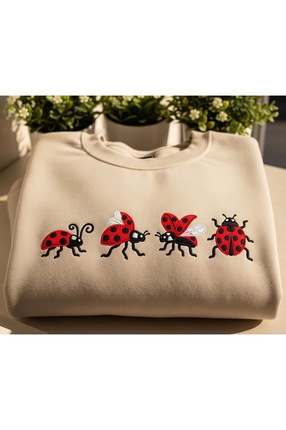 Ladybug Embroidered Sweatshirt: Cottagecore Spring Crewneck
