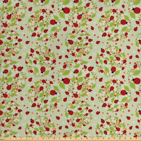 Ambesonne Ladybug Fabric by the Yard Upholstery, Vibrant Foliage Nature, 10 Yards, Pale Green Red