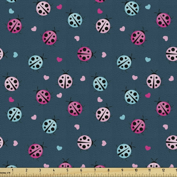 Ambesonne Ladybug Fabric by the Yard Upholstery, Vibrant Colors Hearts, 1 Yard, Multicolor