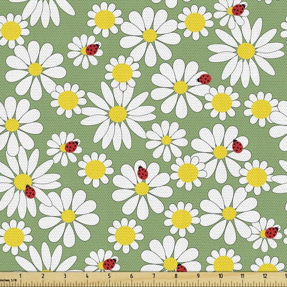 Ambesonne Ladybug Fabric by the Yard Upholstery, Daisy Floral Garden Print, 1 Yard, Fern Green Yellow White