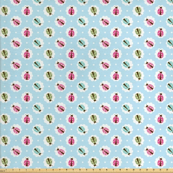 Ladybug Fabric by the Yard, Shabby Retro Style Polka Dots Featured Bugs Vintage Soft Feminine Luck Animals, Decorative Upholstery Fabric for Sofas and Home Accents, Multicolor by Ambesonne