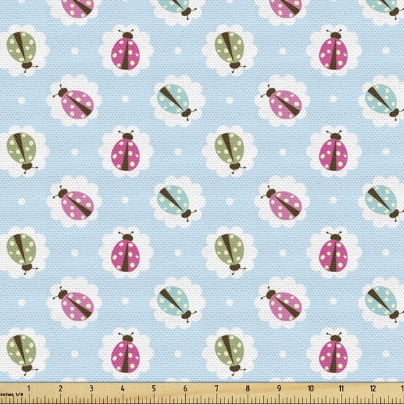 Ladybug Fabric by the Yard, Shabby Retro Style Polka Dots Featured Bugs Vintage Soft Feminine Luck Animals, Decorative Upholstery Fabric for Sofas and Home Accents, Multicolor by Ambesonne