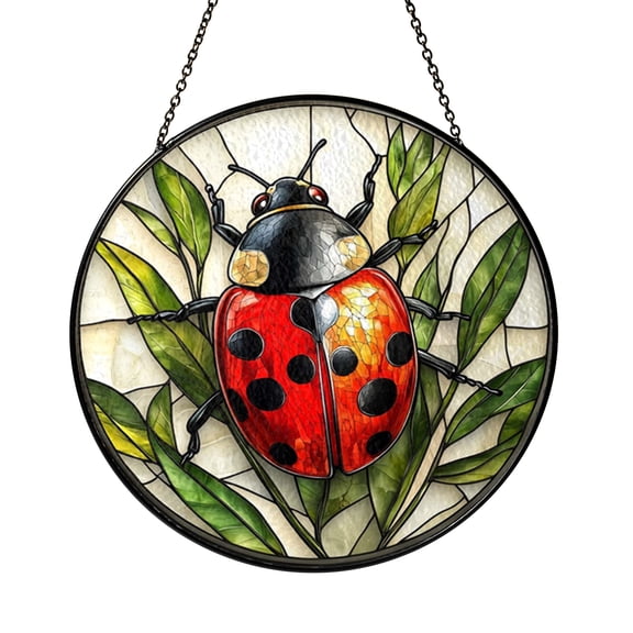 Ladybug Faux Stained Glass Window Decor, Sun Catcher Hanging for Kitchen or Garden View, Fresh Nature Accent