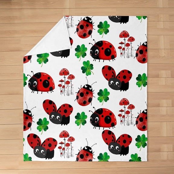 Ladybug Fleece Throw Blanket for Kids Boys Girls Black Red Four Leaf Clover Flannel Blanket Plush Fuzzy Throw All Seaon Cozy Blanket Bedroom Decor Breathable Soft Lightweight Microfiber 30" x 40"