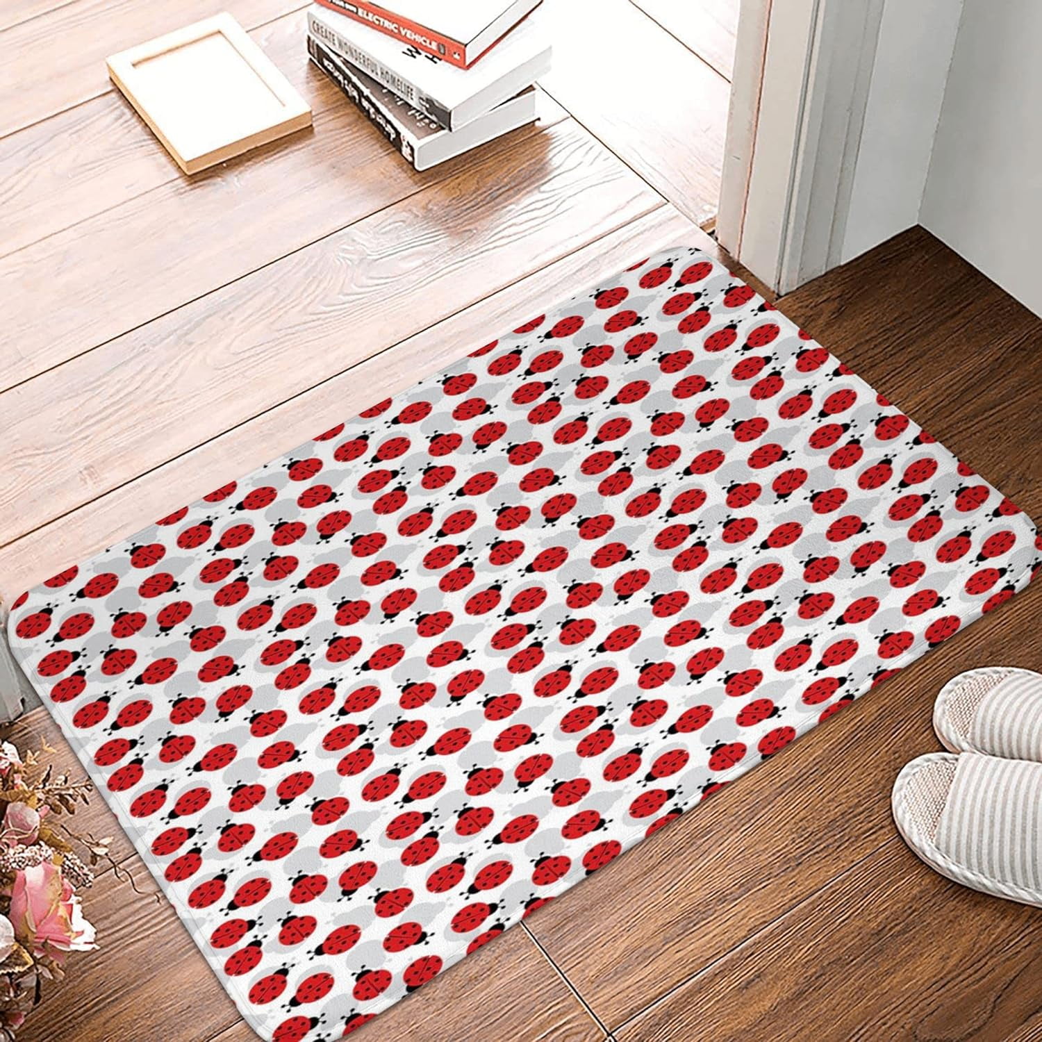 Ladybug Floor Mat Indoor Outdoor,Spring Polka Dotted Silhouettes