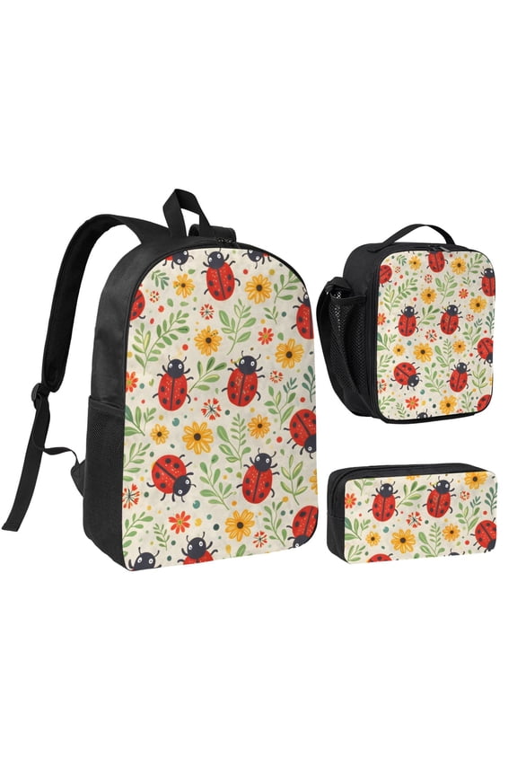 Ladybug Floral Backpack Set 3pc Including Backpack, Lunch Bag and Pen Bag Combination