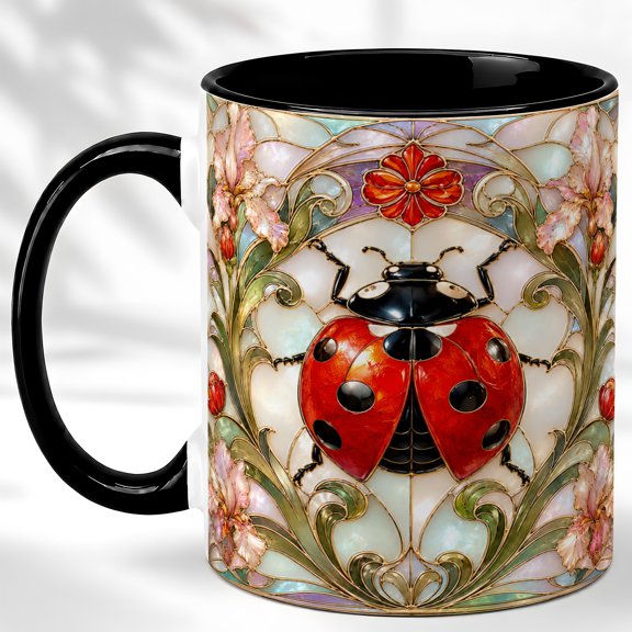 Ladybug Floral Coffee Mug, Garden Insect Mug, Ceramic 11 oz