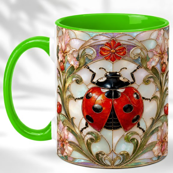 Ladybug Floral Coffee Mug, Garden Insect Mug, Ceramic 11 oz