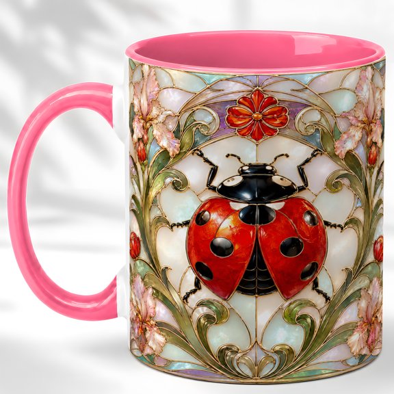 Ladybug Floral Coffee Mug, Garden Insect Mug, Ceramic 11 oz