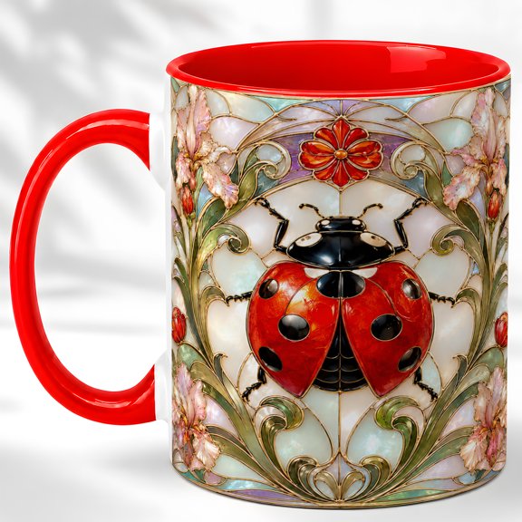 Ladybug Floral Coffee Mug, Garden Insect Mug, Ceramic 11 oz