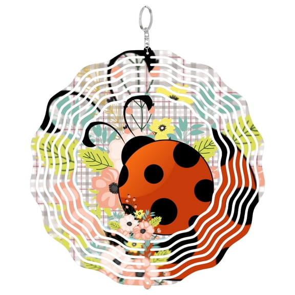 Ladybug Floral Garden 3D Wind Spinner Kinetic Metal Hanging Spring Bug Flower Decor Round
