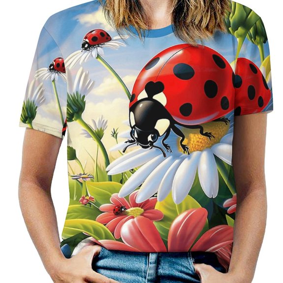 Ladybug Floral Garden-6 Women's Short Sleeve Tops Casual Blouses T Shirt
