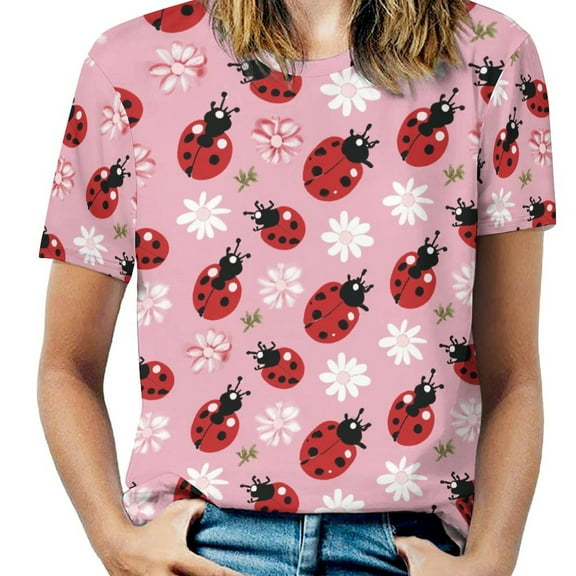 Ladybug Floral Pink-3 Women's T-Shirt Short Sleeve T Shirts Tops Tee Ladies Loose T