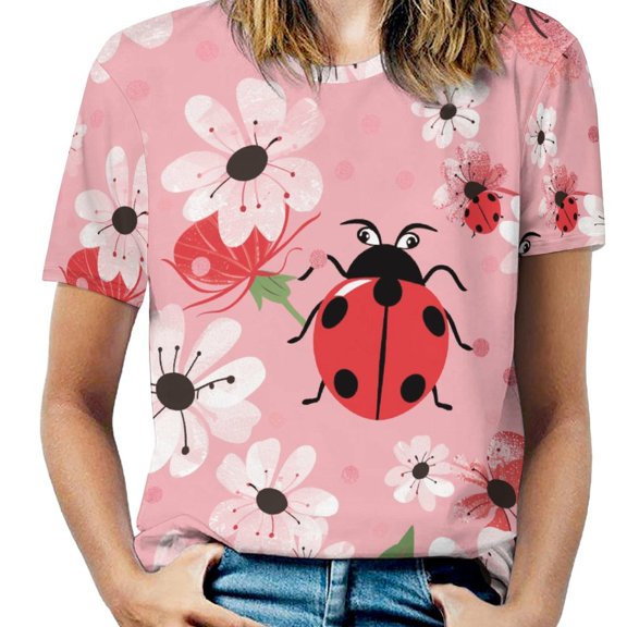 Ladybug Floral Pink-4 Women's Short Sleeve T-Shirt Crew Neck Casual Summer Trendy Loose Fit Tops