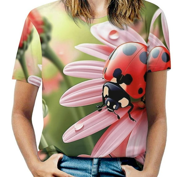 Ladybug Floral Print-3 T Shirts Basic T-Shirt Short Sleeve Ladies Tee Shirt Summer Graphic Clothing