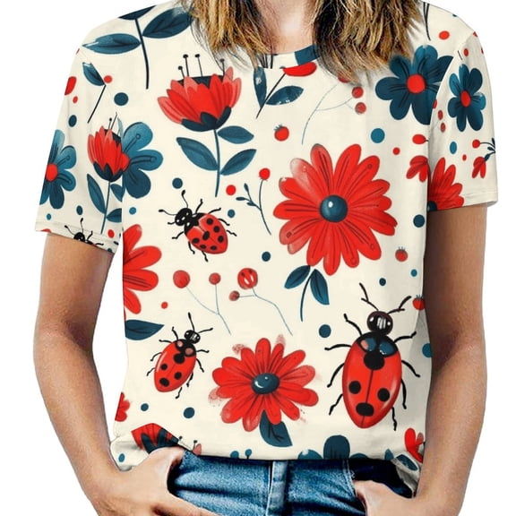 Ladybug Floral Print-5 T Shirts Basic T-Shirt Short Sleeve Ladies Tee Shirt Summer Graphic Clothing