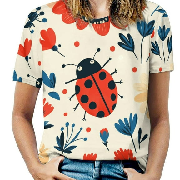 Ladybug Floral Print-6 Womens Tops Women's Fashion Casual Short Sleeve Flower Print Round Neck Pullover Top Blouse