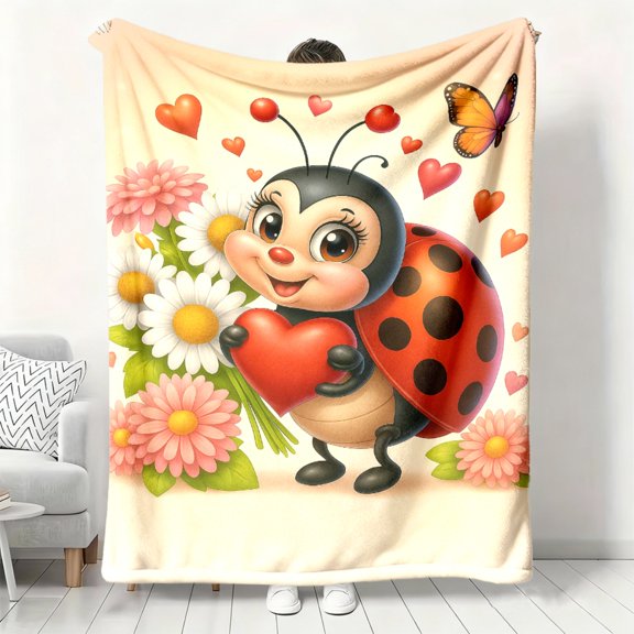 Ladybug & Floral Print Flannel Blanket - Cozy Soft Bedspread with Soundwave Tech, Bug & Flower Pattern Throw for Bed, Travel, Camping, Office - Durable Polyester